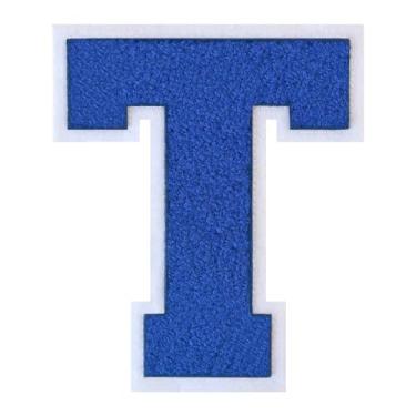 Imagem de 1 Patch de letra de chenille azul de 15 cm com borda branca – Adesivos do alfabeto para roupas, jaquetas, mochilas, chapéus para decoração personalizada, nome personalizado e artesanato. (T)