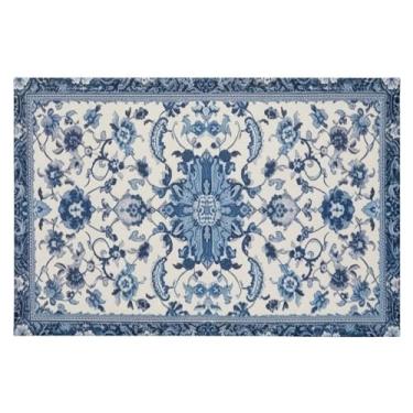 Imagem de Wassud Tapete de porta padrão azul e branco 61 x 89 cm, tapete de área lavável antiderrapante com suporte de borracha, tapete macio e macio para sala de estar, quarto, entrada, entrada