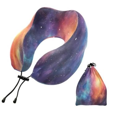 Imagem de CEBUGI Travesseiros de viagem portáteis em forma de U, travesseiro de pescoço de espuma viscoelástica com trava de corda ajustável para avião, viagem, trem, negócios, escritório, soneca (galáxia)