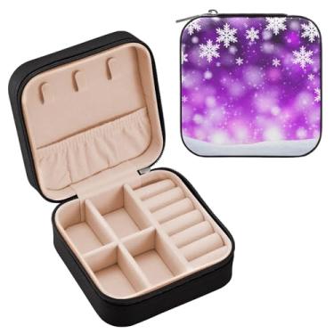 Imagem de Wassud Estojo de joias de viagem de flocos de neve de inverno para mulheres, meninas, senhoras, noiva, mini organizador de joias de couro PU, caixa quadrada de armazenamento de joias para brincos