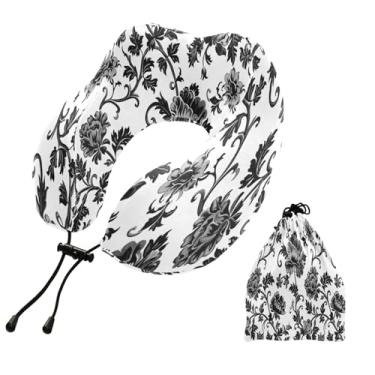Imagem de CEBUGI Travesseiros de viagem portáteis em forma de U, travesseiro de pescoço de espuma viscoelástica com trava de corda ajustável para avião, viagem, trem, negócios, escritório, soneca (floral)