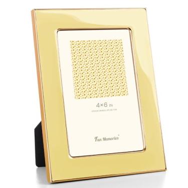 Imagem de Fun Memories Porta-retrato 10 x 15 cm – 1 porta-retrato de vidro esmaltado amarelo com borda de metal dourado e cavalete para exibição em bancadas, mesas, estantes, mesas e paredes (amarelo/dourado)