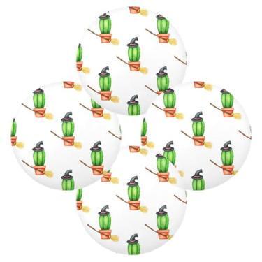 Imagem de Wassud Jogo americano conjunto de 4 cactos com chapéu de bruxa tapetes de mesa redondos para cozinha e jantar tapetes laváveis resistentes ao calor decoração de mesa 39 cm