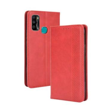 Imagem de Capa flip de couro para Infinix Hot 9 Play X680,Flip magnético retro,Caso de telefone de couro PU,Design de carteira com 3 slots de cartão e 1 clipe de dinheiro -Red