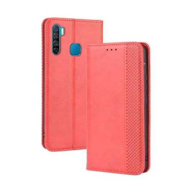 Imagem de Capa flip de couro para Infinix S5,Flip magnético retro,Caso de telefone de couro PU,Design de carteira com 3 slots de cartão e 1 clipe de dinheiro -Red
