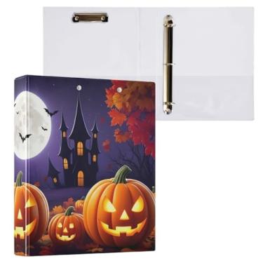 Imagem de CEBUGI Fichário redondo com 3 anéis Jack-o-Lanterns brilhantes de 3 cm comporta 200 folhas, pastas com 3 bolsos de PVC transparente para escritório, 31,5 x 27 x 6 cm, 1 pacote