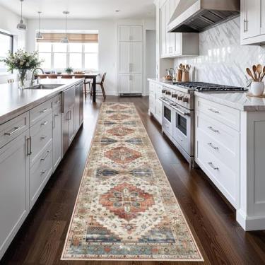 Imagem de Enkor Tapetes de corredor para corredor, 6 x 33 tapetes laváveis macios antiderrapantes para cozinha, tapete moderno para sala de estar, quarto, entrada bege e vermelho