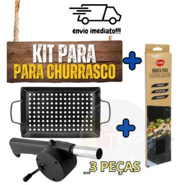 Imagem de Conjunto Churrasco Premium: Manta + Soprador + Assadeira de Alta Perfo
