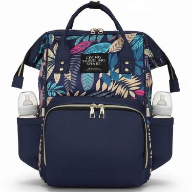 Imagem de Mochila Maternidade Cor Azul Floral Grande Mamãe Bebê