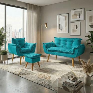 Imagem de Kit Namoradeira Poltrona e Puff Decorativo Para Sala Recepção Manicure Consultório Alice Tecido Suede