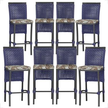 Imagem de 8 Banquetas Em Alumínio Roma Preta Corda Náutica Tecido 6 Azul