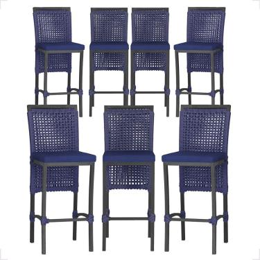 Imagem de 7 Banquetas Em Alumínio Roma Preta Corda Náutica Tecido 10 Azul