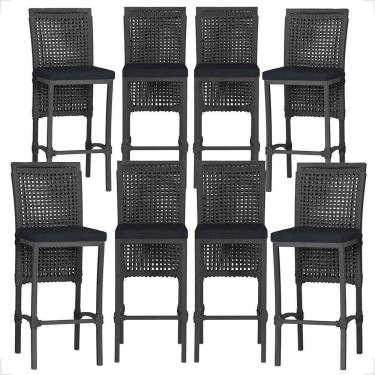 Imagem de 8 Banquetas Em Alumínio Roma Preta Corda Náutica Tecido 12 Preto