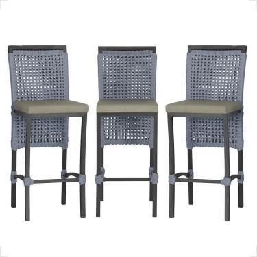 Imagem de 3 Banqueta Em Alumínio Roma Preta Corda Náutica Tecido 8 Prata