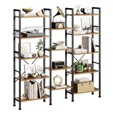 Imagem de Furologee Estante tripla de 5 camadas, estante com 14 prateleiras abertas, organizador de armazenamento de prateleira de madeira e metal, prateleira ampla industrial para sala de estar, escritório em