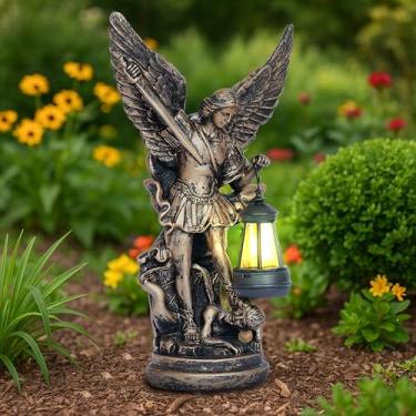 Imagem de Solar San Miguel Arcangel Estátuas de decoração de jardim ao ar livre 31,5 cm Solar estátua de São Miguel Arcanjo para quintal pátio gramado varanda decorações resina estatueta coleção religiosa