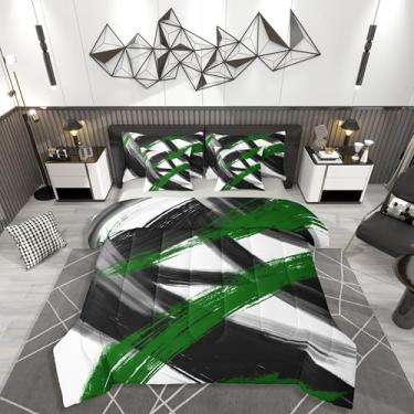 Imagem de Feelyou Jogo de cama Queen com edredom preto e verde, geométrico, abstrato, 7 peças, moderno, minimalista, para meninos e meninas