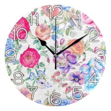 Imagem de Relógio de parede analógico decorativo para sala de aula, escritório, operado por bateria, decoração moderna de meados do século, arte vintage aquarela floral, pastel, 25 cm, ponteiros pretos