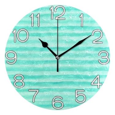 Imagem de GAIGEO Relógio de parede analógico decorativo operado por bateria relógio de cozinha rústico, retrô moderno art déco decoração de parede aquarela listra turquesa aqua, 25 cm, ponteiros dourados