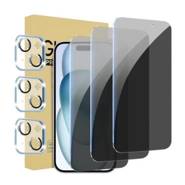 Imagem de Pacote com 3 protetores de tela de privacidade para iPhone 15 Plus de 6,7 polegadas com 3 protetores de lente de câmera, película de vidro temperado antiespião, antiarranhões, sensível ao toque