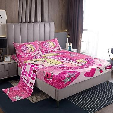 Imagem de Jogo de cama solteiro com estampa de princesa, rosa, feminino, sapatos de salto alto, laço e laço romântico, decoração de quarto de meninas de beleza, 3 peças (elástico + plano + 1 fronha)