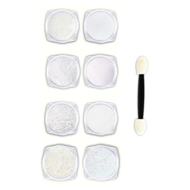Imagem de Kit 8 Pó Aurora Branco Furta Cor Unhas Nail Art + Pincéis