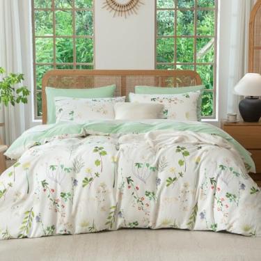Imagem de TISPLR Capa de edredom Queen floral 3 peças algodão amarelo e vermelho design floral fresco 4 laços nos cantos e fecho de zíper, roupa de cama macia, respirável e confortável (tamanho Queen)