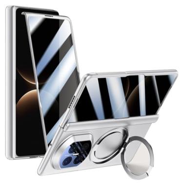 Imagem de POYUFRG Capa magnética para Huawei Mate X7, capa protetora de dobradiça de tela de vidro temperado anti-espião com suporte de anel giratório, capa fosca, branca, Mate X7