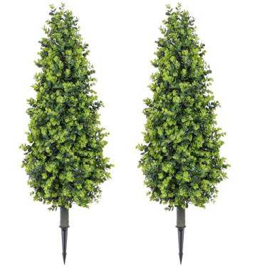 Imagem de Conjunto de 2 árvores de bola de topiaria artificial com espigão no solo, plantas falsas para ambientes externos, arbustos falsos, arbustos realistas, decorações para ambientes externos e internos