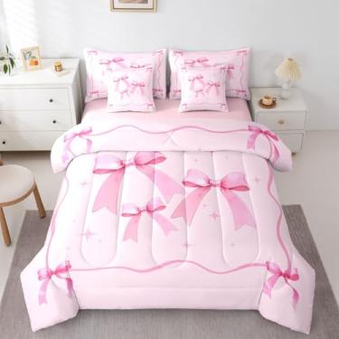 Imagem de Erosebridal Jogo de cama solteiro com laço rosa para meninas | Jogo de cama kawaii, com laço de fita rosa, para crianças, adolescentes, lençol de cima, lençol de cima com elástico