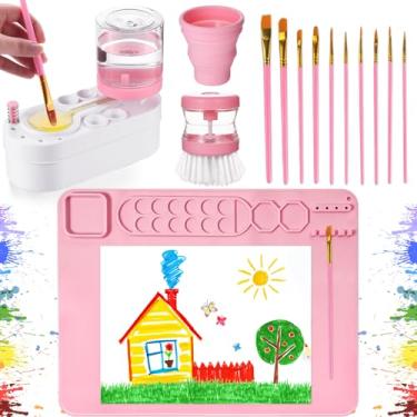 Imagem de Limpador de pincéis para estação de pintura, 50 x 40 cm, tapete de pintura de silicone com copo e suporte de tinta, 10 pincéis, conjunto de pintura infantil, materiais de pintura artística para