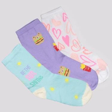 Imagem de Kit Meia Selene 3 Pares Cano Longo Infantil Branca Azul e Lilás, 29-34