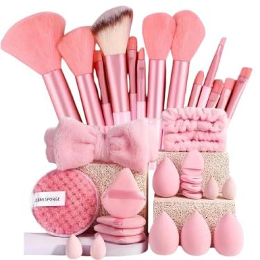 Imagem de Conjunto de 33 pincéis de maquiagem rosa inclui liquidificador de beleza, esponja macia e pincéis de maquiagem