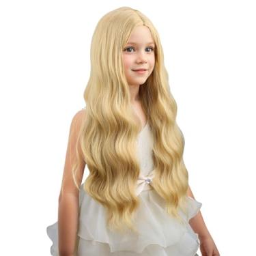 Imagem de WAVELNM Peruca infantil loira longa encaracolada ondulada loira infantil dourada parte média perucas infantis perucas sintéticas para uso diário de Halloween