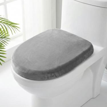 Imagem de APLZGMG Tampa de vaso sanitário de microfibra macia, capa de tecido lavável na máquina se encaixa na maioria das tampas de vaso sanitário redondas e alongadas, capas de assento de banheiro ajustáveis