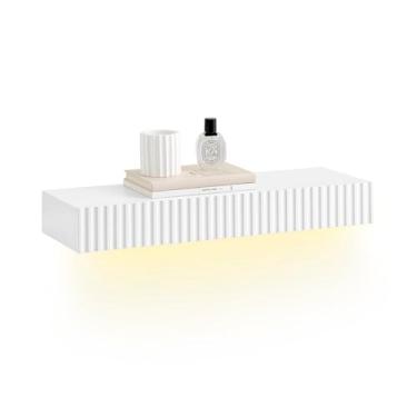 Imagem de SoBuy Prateleira de parede flutuante com gaveta e luz LED, prateleira branca moderna montada na parede para quarto, banheiro, entrada – Prateleira de exibição com economia de espaço alimentada por
