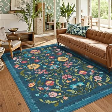 Imagem de Tapete lavável para sala de estar, tapete floral para quarto, macio boho antiderrapante com parte traseira de borracha, tapete floral vintage resistente a manchas para sala de jantar, azul