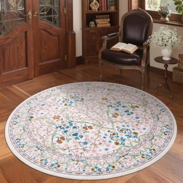 Imagem de GarveeHome Tapete redondo floral rosa de 1,2 m, lavável, antiderrapante, macio, pequeno, círculo, tapetes vintage para cozinha, quarto, berçário, sala de jantar, sala de estar