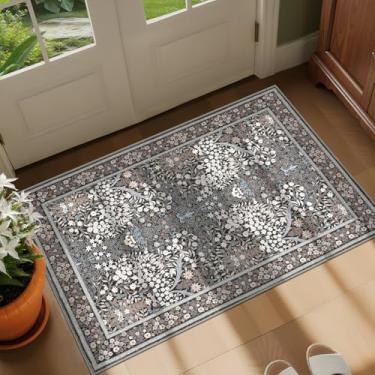 Imagem de GarveeHome Tapete floral 2x3 antiderrapante boho para banheiro, macio, pequeno, lavável, tapete para porta interna, tapetes botânicos para entrada, quarto, marrom