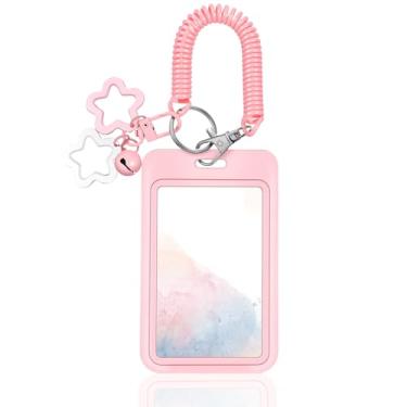 Imagem de Porta-cartões fotográficos Star Bells com suporte de cartão de foto de PVC rosa de primavera, 11 x 6,8 cm, organizador de fotos, crachá de identidade, protetor de cartão de identificação com pingente