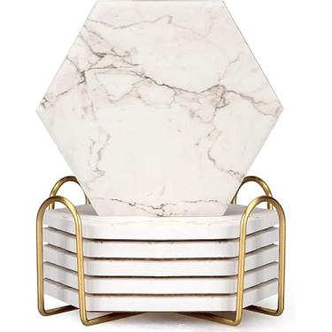 Imagem de Conjunto de porta-copos hexagonais de mármore branco, 6 peças, com suporte absorvente, porta-copos de cerâmica modernos, porta-copos de mesa de pedras