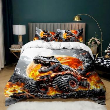 Imagem de AILONEN Conjunto de capa de edredom infantil Monster Truck para meninos, esportes radicais, tamanho king, tema de dinossauros vulcânicos, 1 capa de edredom + 2 fronhas, microfibra macia, 3 peças