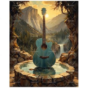 Imagem de Kit de pintura por números para violão na natureza para adultos - Pintura de paisagem de montanha em tela, conjunto de tinta acrílica para iniciantes, arte para decoração de casa ou presentes (moldura