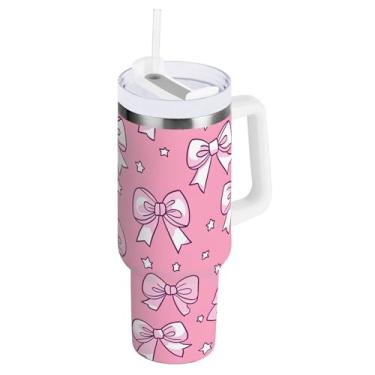 Imagem de SEHANY Copo fofo com laço rosa de 1,134 g com alça, copo isolado de aço inoxidável a vácuo de parede dupla, à prova de vazamento, caneca de café isolada para viagem cabe no suporte de copo de carro
