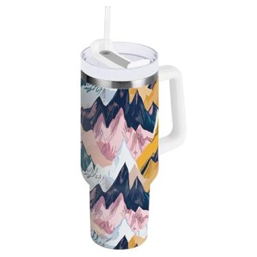 Imagem de SEHANY Copo Abstract Mountains de 850 g com alça, copo isolado de aço inoxidável a vácuo de parede dupla, à prova de vazamento, caneca de café isolada para viagem, cabe no suporte de copo de carro