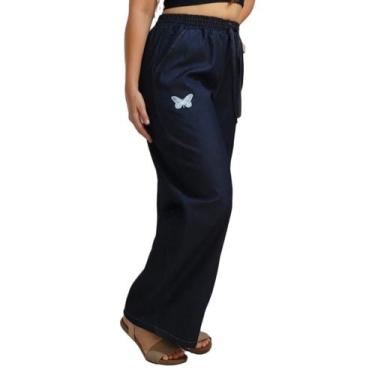 Imagem de Calça Pantalona Feminina Wide Jeans Leg Cos Alto com Elastico cintura 