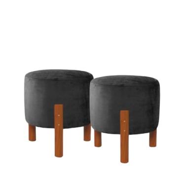 Imagem de Banquinho Decorativo Redondo Pés Em Madeira Maciça(Cinza)