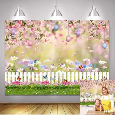 Imagem de Pano de fundo de primavera de páscoa para fotografia 1,8 x 1,8 m, decoração de páscoa, faixa de primavera, jardim, pátio, gramado, floral, cabine de fotos, pano de fundo para crianças, aniversário