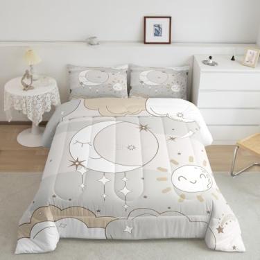 Imagem de jejeloiu Conjunto de cama solteiro com estampa de estrela e sol, lua, para crianças, meninos, meninas, céu estrelado, bege, branco, 2 peças