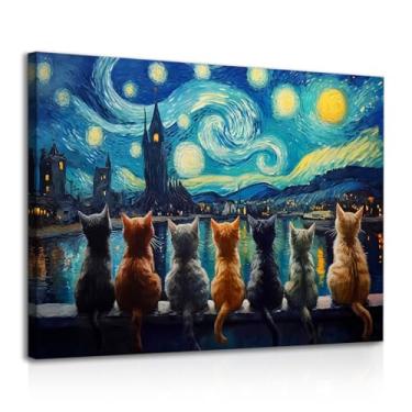 Imagem de Dazzlewall Arte de parede emoldurada Noite Estrelada com Gatos, Arte Artística Vintage Gato Pintura a Óleo Impressões para Quarto Sala de Estar 30 x 40 cm